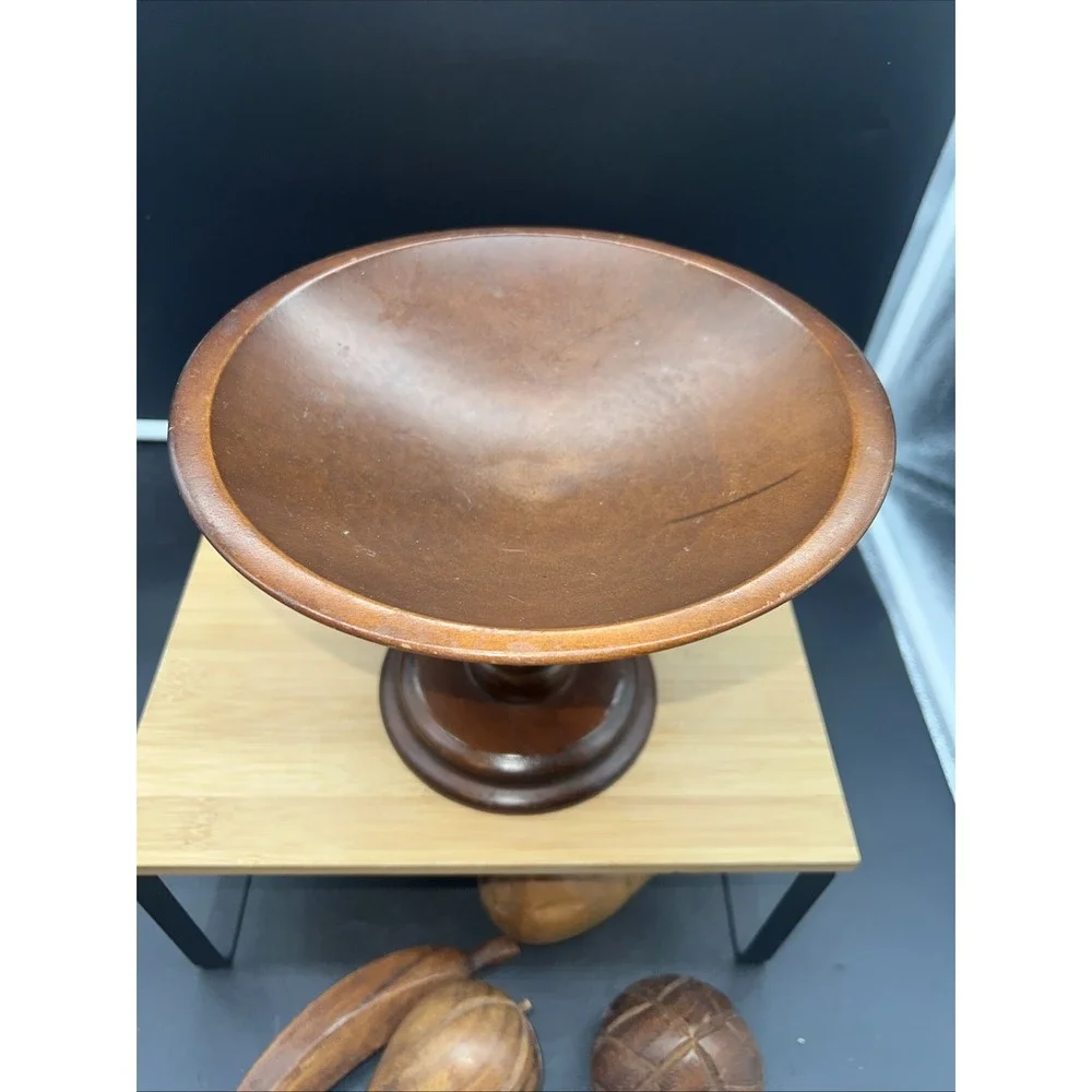 MCM Vintage Carved Wood Bowl W Fruit Pieces Grapes Apple Pear Mid Century Wooden